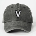 Front view of charcoal grey washed cotton baseball cap with white letter V embroidery - Letter V