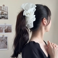 White semi-transparent tulle scrunchie styled on a voluminous black high ponytail - Silver Wire Bubble Scrunchie / White