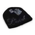 Detailed close-up of knitted beanie texture with grey lighter and Blackled embroidery - One Size / Black