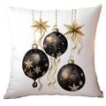 Christmas cushion cover featuring elegant black baubles and gold star prints on white fabric - Hand-painted Christmas Ball Ornaments