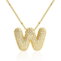 Macro shot of gold puffy bubble letter W pendant necklace with pave set cubic zirconia stones - W-Gold-Small