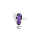 Detail view of purple coffin enamel pin with silver cross, sizing 30mm by 16mm - M175#13 Purple Coffin with Cross