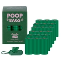 Detailed view of 18 rolls of green biodegradable pet poop bags with dispenser and box. - Boxed with Dispenser / 18 Rolls Set / Green