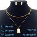 Golden double-layer necklace and rectangular earring set with shell inlay on a black display - Double Layer Square Shell Jewelry Set (KS201208-HDJ)