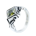 Vintage silver ring featuring a square olive green gemstone and embossed scroll patterns - US 7 / Steel Olive Green Zirconia