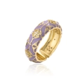 Detail of purple enamel ring with 18K gold floral patterns and sparkling zircon accents - Adjustable Open / Purple Clover Style (12638)