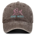 Close-up of vintage washed cotton baseball cap with SEND NUDES pink embroidery detail - Coffee