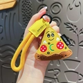 Creative pizza leather keychain with embroidery and yellow woven lanyard for bag decor - Pizza