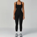 Slim-fit black ribbed yoga set with square neck top and high-waisted leggings for fitness - S / Vest + Trousers / Premium Black