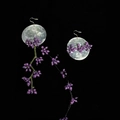 Detail of asymmetrical shell flower earrings with purple beads and long green vine tassels - Ear Hook-White-Purple