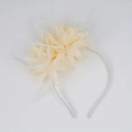 Detail of cream bridal fascinator with mesh, feathers, and pearls on a fabric headband - Off White