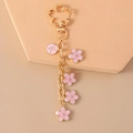 Detail view of pink cherry blossom charms and letter K pendant on a gold keychain - Pink Flowers (K)