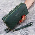 Deep green long double-zip wallet for women with embossed pattern and gold hardware - Green