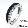 Mehrlagiges Herrenarmband aus schwarzem Leder und silberner Byzantiner-Kette mit Magnetverschluss - Mehrlagig Stahlfarbe (KB153086-KFC)