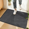 Dark grey PVC entry mat with striped pattern under white shoes on wooden floor - 45*75cm / Geometric Space - Grey (Silk Loop)