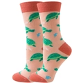 Detail view of cotton crew socks featuring cute green turtle patterns on orange-pink fabric - EU 36-42 / Pink Turtle