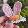 Handmade crochet bunny ear hair clip with carrot detail in white and pink cotton - White Pink Rabbit Ears (Carrot)