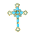 Golden cross pendant with blue turquoise gemstone inlays on a white background - Pendant 92 (Gold Blue Stone Luxury Cross)