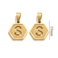Golden 15mm hexagonal 'S' letter pendant with matte sandblast finish on white background - Letter S - Gold