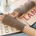 Coffee brown ribbed knit fingerless gloves with extended wrist cuffs for women - One Size / Khaki