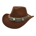 Dark brown wool felt western cowboy hat with ethnic braided band and turquoise beads - M (56-58cm) / Coffee