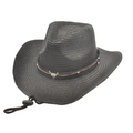 Classic carbon black western straw cowboy hat with a metal bull head band and chin strap - M (56-58cm) / Black