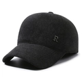 Winter wool baseball cap for men with ear protection and silver metal R logo detail - Adjustable / Letter R Black