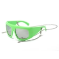 Fluorescent green Y2K shield sunglasses with silver mirrored lenses and metal chain - Green Frame Grey Lens