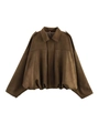 Close-up of brown suede bomber jacket featuring epaulets and elasticated lantern hem - Brown