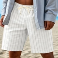 Men's breathable linen beach shorts with vertical black stripes and drawstring waist - S / White
