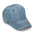 Detailed view of the washed blue denim fabric and stitching on a baseball cap - Blue