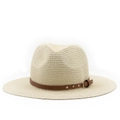Classic beige wide brim straw fedora with brown studded leather band for sun protection - M(56-58cm) / Beige