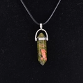 Hexagonal green and pink quartz crystal point pendant with black cord necklace - Unakite
