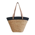 Handwoven straw tote bag with natural fiber texture and brown leather shoulder straps - Large / Natural + Black