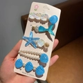5-delige haarclipset met oceaanthema, blauwe schelpen, zeesterren en parels voor meisjes - 5-Delige Blauwe Set - Stijl A