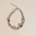 Silver Cuban link bracelet featuring five colorful heart-shaped zirconia gemstones - Silver + Multicolor Heart (APS959)