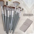 12-teiliges Make-up Pinsel Set in Grau mit Synthetikborsten und passender Roll-Tasche - Chujian 14-teiliges Set + Tasche