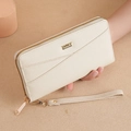 Women's cream white long zip-around wallet in litchi grain PU leather with wrist strap - White