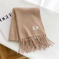 Soft light camel wool blend scarf with fringe tassels and a minimalist brand label - Variegated Beige / Over 175cm