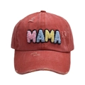 Casquette de baseball rouge délavée avec broderie MAMA colorée et détails usés de style - Orange - Casquette de Baseball MAMA à Lettres Colorées