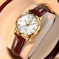 Elegant OLEVS quartz watch for women with gold case, white diamond dial, and brown leather strap - White Dial Brown Leather Women