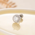 Silver round zircon stud earring with large central stone and pave halo in titanium steel - White (A187-1)