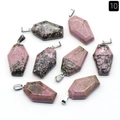 Mini coffin pendant made of natural rhodonite crystal stone with silver metal bail - Rhodonite