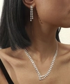 Elegantes Set aus tropfenförmiger Halskette und Ohrringen mit quadratischen Strasssteinen - Zweireihiges Fransenohtring-Halsketten-Set (DTN14026171S)