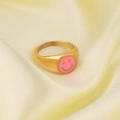 Close-up of golden smiley face ring with pink enamel on yellow satin background - Gold 3 (Pink Enamel)