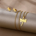 Golden dragonfly necklace and stud earrings set displayed on a silver jewelry holder - Dragonfly Shape (TZ-468)