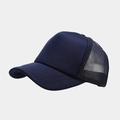 Side view of two-tone trucker hat featuring navy front panel and breathable black mesh back - Adjustable / Solid Navy Blue