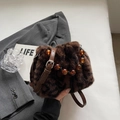 Chic leopard print faux fur bucket bag with amber beaded handle and leather strap - Leopard Brown