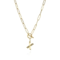 Macro view of 18K gold-plated paperclip chain necklace with OT clasp and X pendant - Letter X