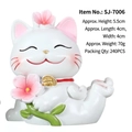 White Lucky Cat figurine with cherry blossom patterns and phone holder functionality - 7006-Cherry Blossom Cat Style D